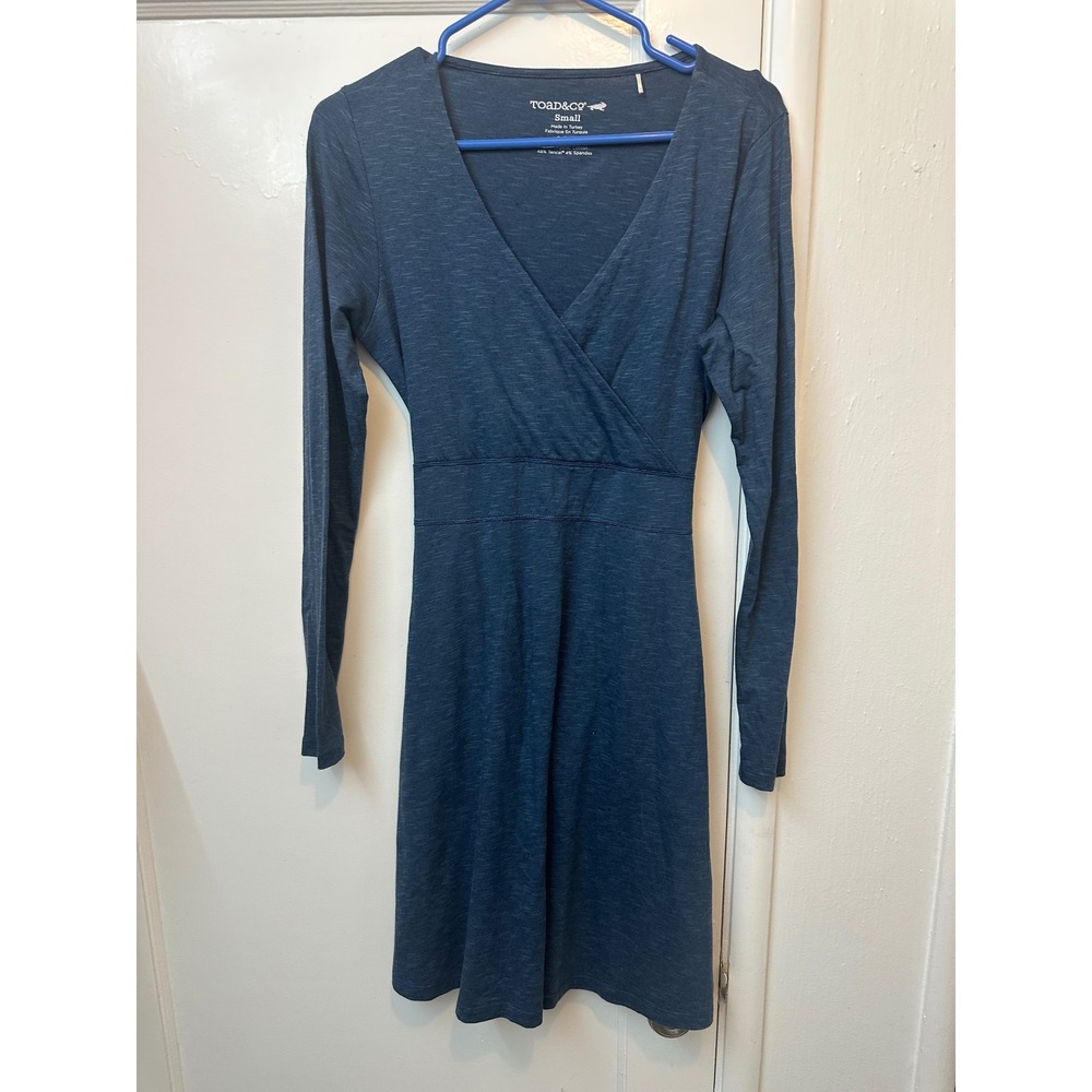 Toad&Co Womens Blue Organic Cotton Tencel Faux Wrap Long Sleeve Dress Small